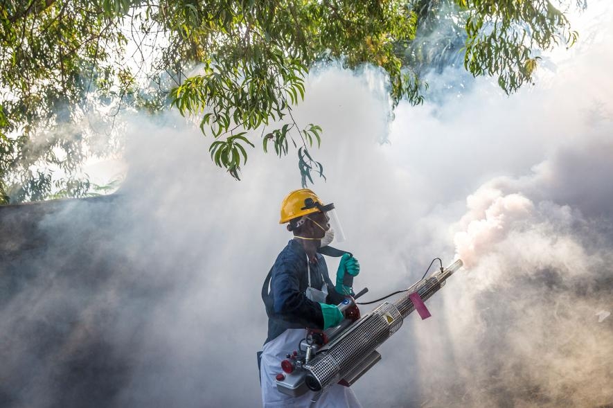 在剛果民主共和國的馬塔迪（Matadi），一名男子正在噴灑藥劑，以消滅攜帶黃熱病毒的埃及斑蚊（Aedes mosquito）。PHOTOGRAPH BY WILLIAM DANIELS, NAT GEO IMAGE COLLECTION