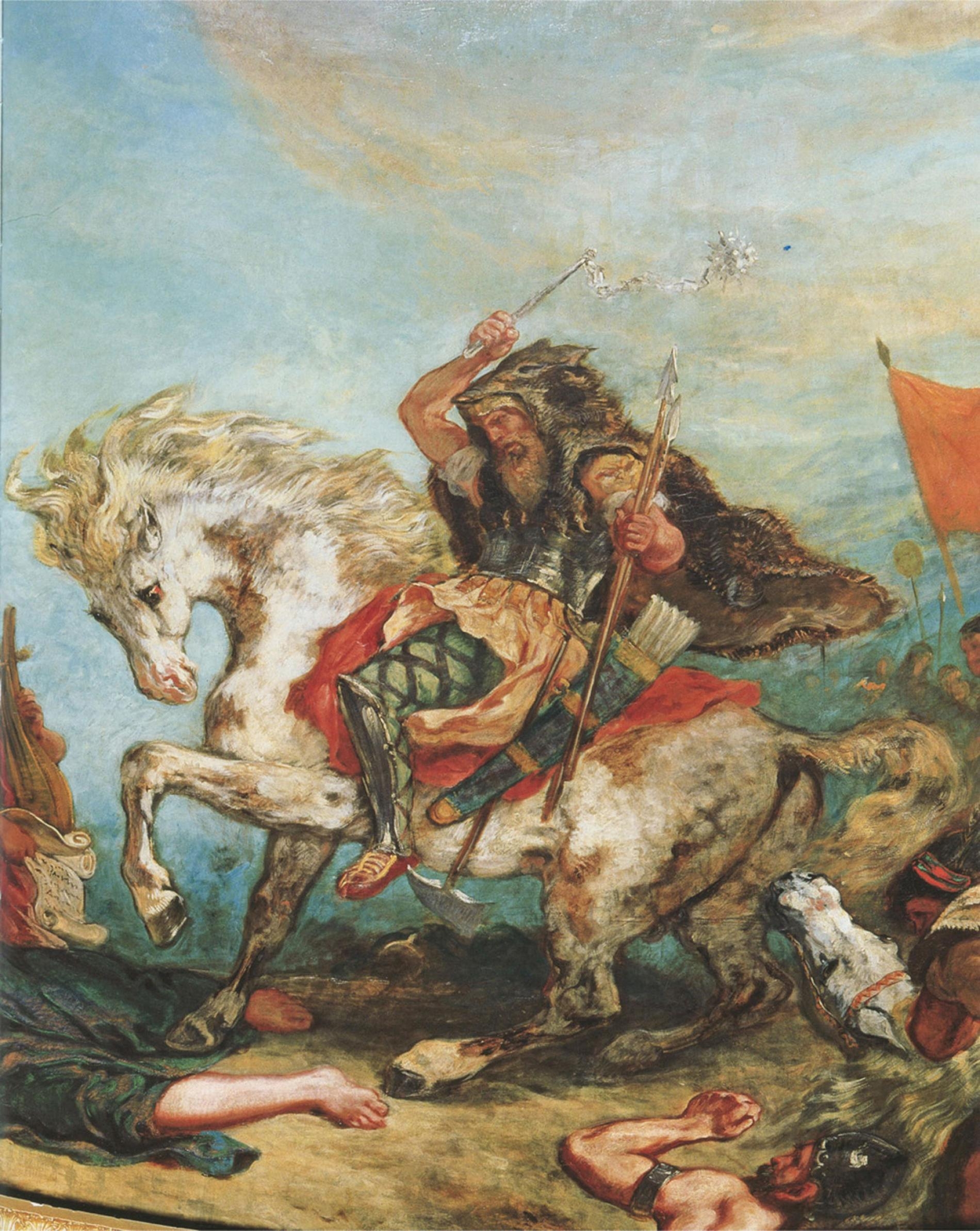 在法國畫家德拉克洛瓦（Eugene Delacroix）的畫作中，匈人阿提拉（Attila the Hun ）與他的手下從馬背上攻擊敵人。PHOTOGRAPH BY THE PICTURE ART COLLECTION, ALAMY