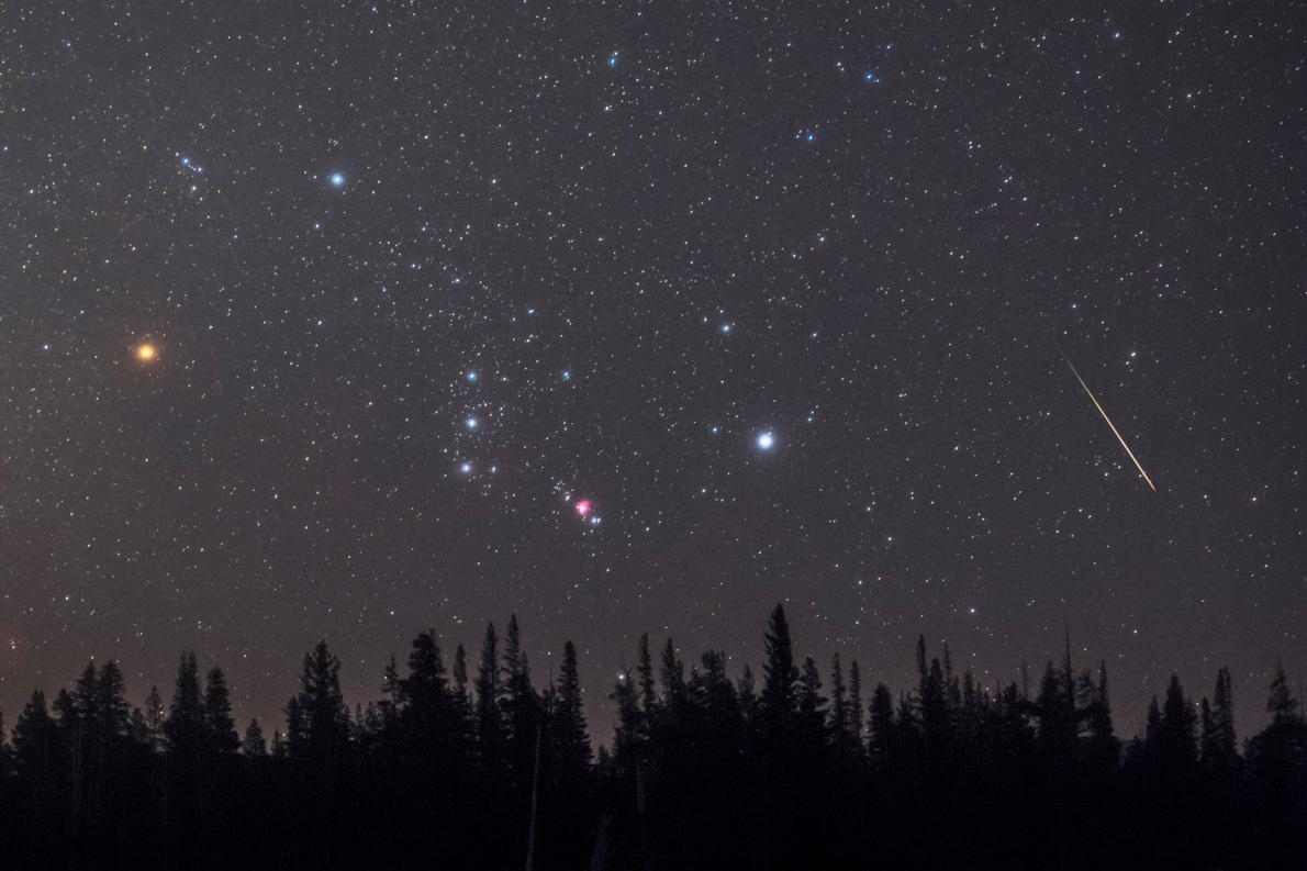一顆流星劃過地平線上空的獵戶座。明亮的紅巨星參宿四（左）就位在這個著名的星座之中。PHOTOGRAPH BY BABAK TAFRESHI, NAT GEO IMAGE COLLECTION