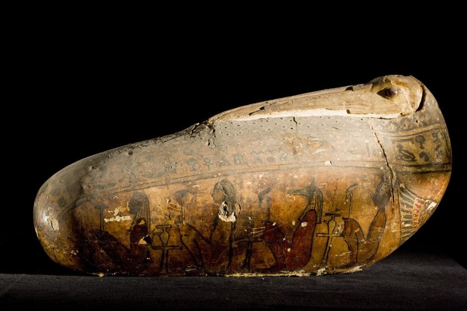 一枚聖䴉木乃伊的特殊外層──由亞麻和泥灰製成的外殼──重現了這種鳥的長喙與頭部，並以玻璃珠作為眼睛。大約在公元前650年至250年之間在埃及有數百萬隻聖䴉木乃伊被獻祭給神祇。PHOTOGRAPH BY RICHARD BARNES, NAT GEO IMAGE COLLECTION