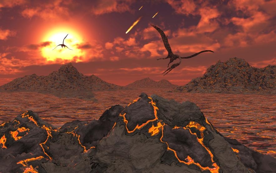 在讓非飛行恐龍滅亡的大滅絕事件發生時，幾隻翼龍飛過火山的想像圖。ILLUSTRATION BY STOCKTREK IMAGES, NAT GEO IMAGE COLLECTION