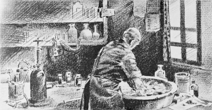 在這幅素描畫中，塞默維斯正用次氯酸鈣溶液清洗雙手。雖然他找出讓醫療照護更安全的做法，但直到他在1865年逝世以前都未曾受到認同。PHOTOGRAPH BY BETTMANN, GETTY
