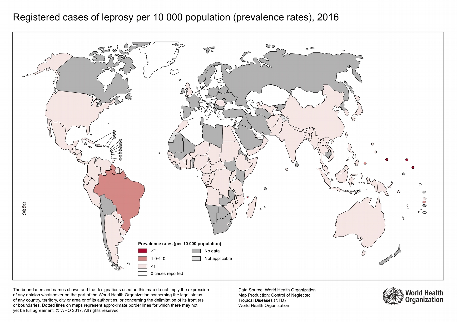 2016 年世界衛生組織公布的全球麻風地圖，僅剩巴西一帶盛行率超過萬分之一。 圖片來源│World Health Organization 