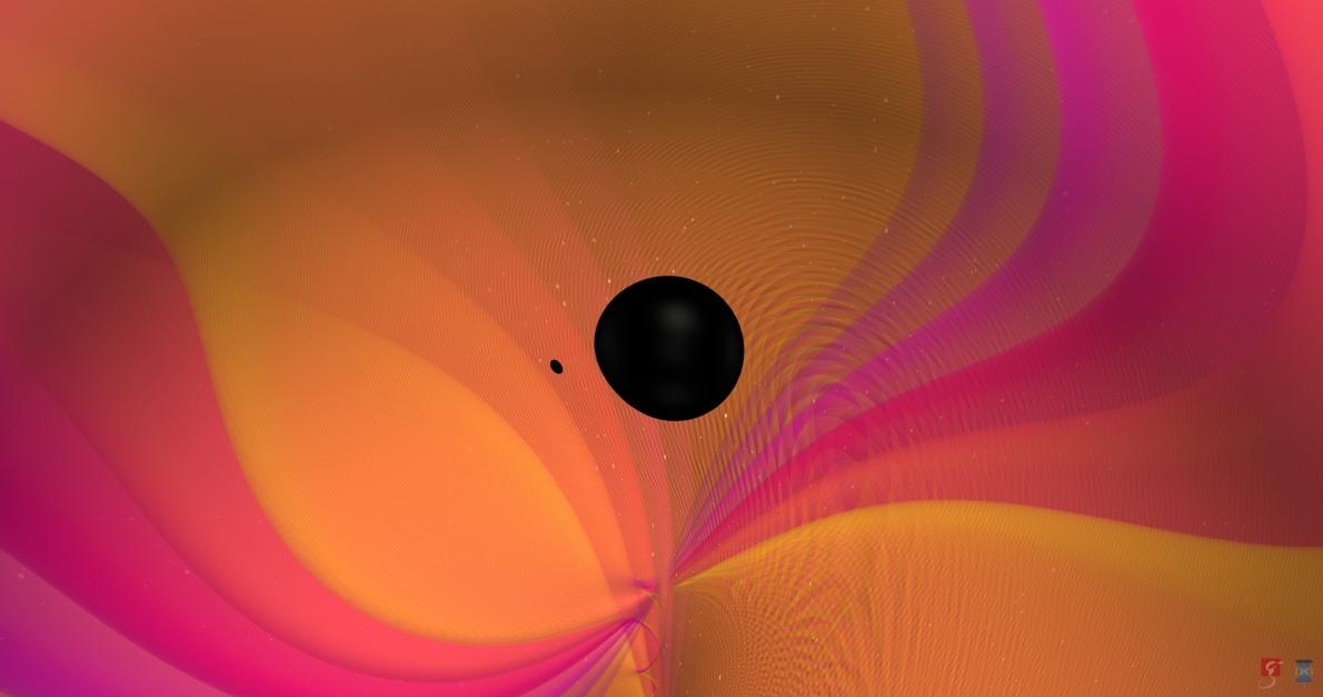 這張示意圖顯示出兩個黑洞相互繞旋，在合併過程中釋放出重力波，橘色色帶表示從這個系統所釋放出的最高輻射量。雷射干涉儀重力波觀測站（Laser Interferometry Gravitational Wave Observatory，簡稱LIGO）和室女座干涉儀（Virgo）在2019年8月14日觀測到這次合併事件，並發現其中較小天體的質量約為太陽的2.6倍，這個不可思議的質量大小介於中子星和黑洞之間，或許能讓天文學家釐清兩者的界線。IMAGE BY N. FISCHER, S. OSSOKINE, H. PFEIFFER, A. BUONANNO (MAX PLANCK INSTITUTE FOR GRAVITATIONAL PHYSICS), SIMULATING EXTREME SPACETIMES (SXS) COLLABORATION