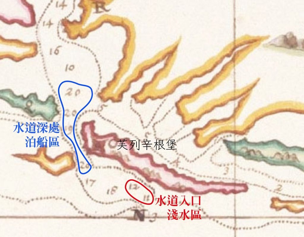 1636 年重新測繪的魍港海圖。此時水道入口變深至 11~12 呎（1634 年夏季一度有 13 呎深），已符合當時航行大型中式帆船的最低要求。而芙列辛根堡看守的水道之內有較深的錨地可供泊船，大約 19~20 呎深。 圖片來源│Map of the Western Coast of Taiwan（部分）, Johannes Vingboons, Atlas Blaeu, Vol. 41:08, Fol. 54-55. 感謝奧地利國家圖書館(Österreichische Nationalbibliothek) 授權使用。 圖說重製│林婷嫻、林洵安 
