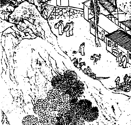 明，陸治，《支硎山圖》局部。圖右可以見到當時登山旅遊應雇的「肩輿」及「舁夫」。 圖片來源│巫仁恕提供，採自《氣勢撼人──17世紀中國繪畫中的自然與風格》 