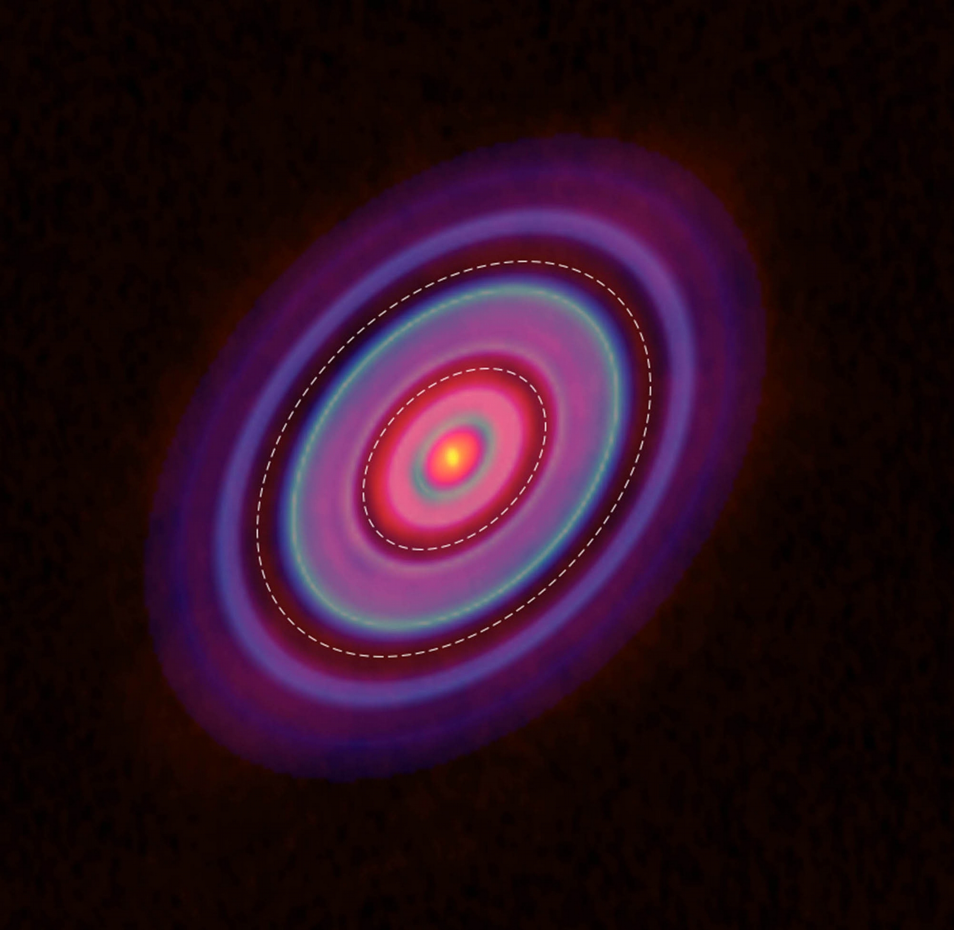 這張照片是拍攝分子譜線，得到金牛座 HL 原行星盤的氣體分布，同樣有環與間隙。 圖片來源│ ALMA (ESO/NAOJ/NRAO), Yen et al. 