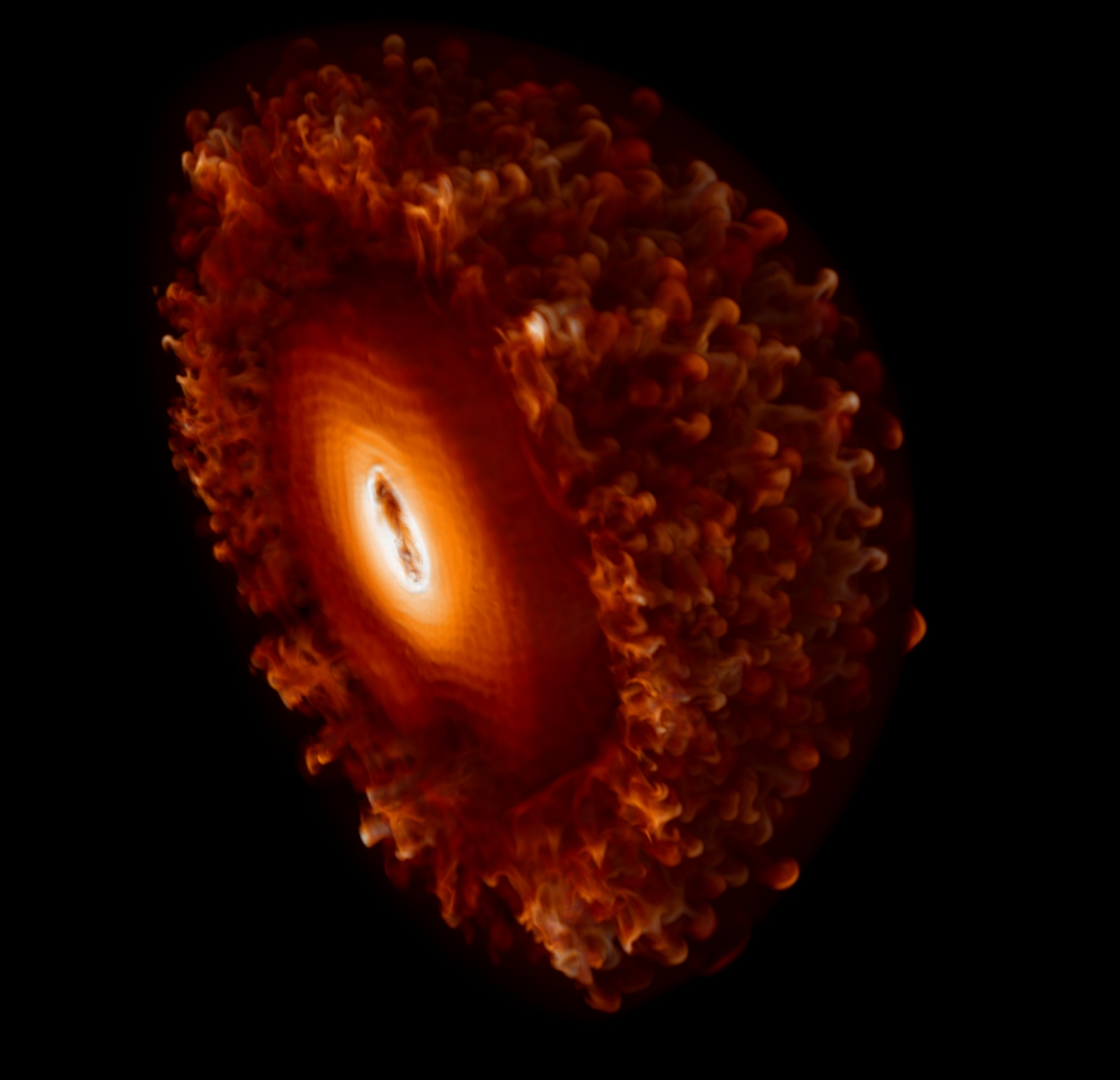 陳科榮以超級電腦模擬磁星驅動超新星爆炸的過程，上圖為將磁星一切為二的三維模型。 圖片來源│中研院天文所 陳科榮 