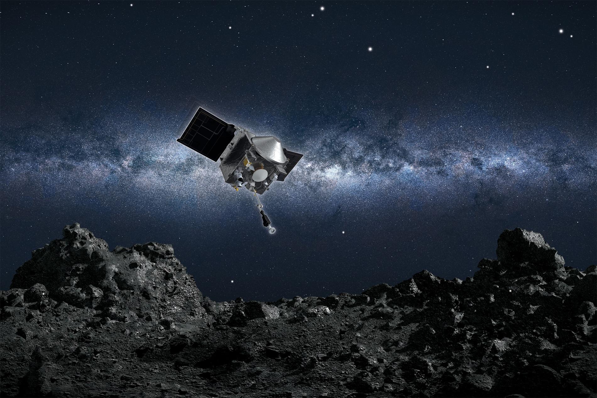 藝術家繪製的想像圖：美國航太總署歐西里斯號太空船即將從貝努小行星表面採集樣本。ILLUSTRATION BY NASA/GODDARD/UNIVERSITY OF ARIZONA