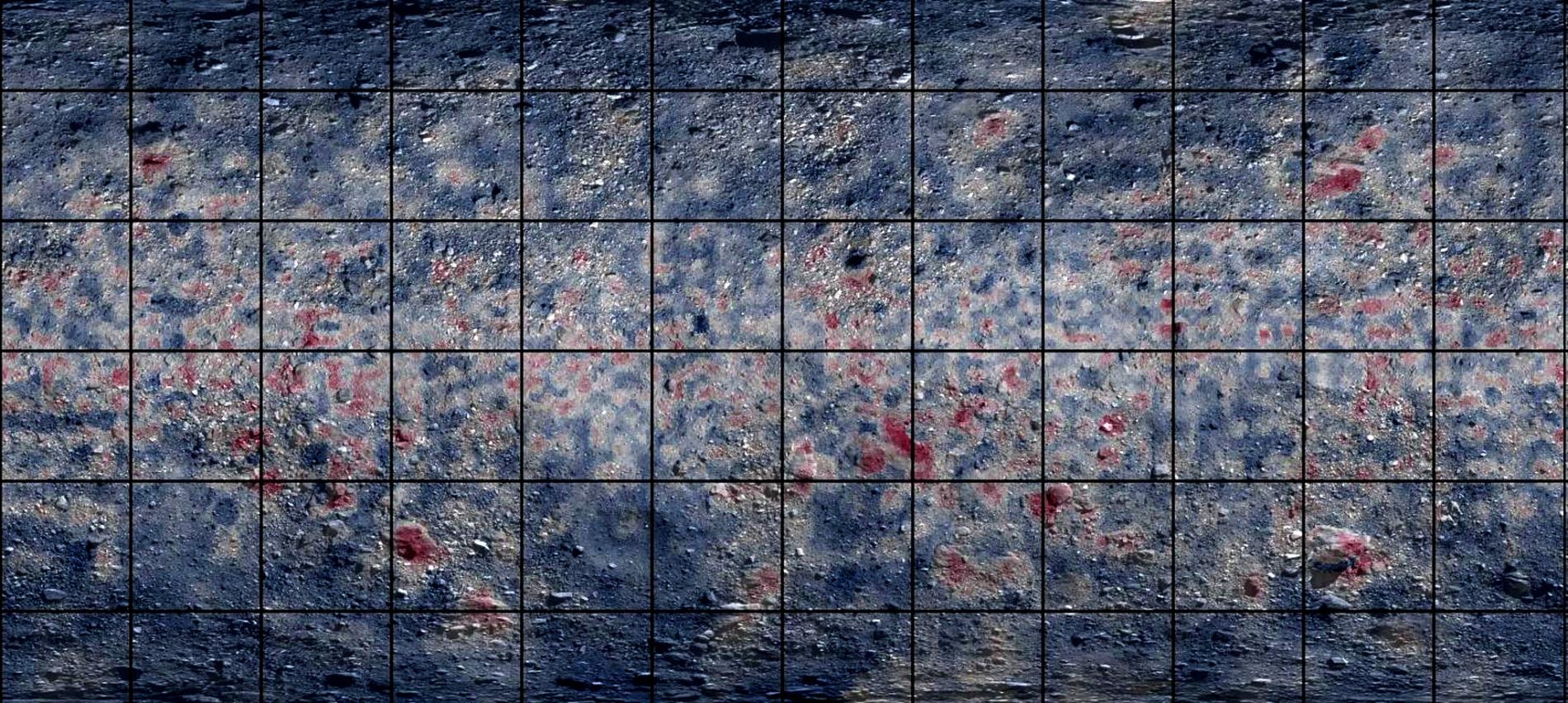 在這幅利用紅外光譜技術所繪製出的貝努小行星全球地圖上，特別醒目的區域表示富含碳元素，像是有機分子和碳酸鹽礦物（紅色）。一些巨石上的紋理顯示在太陽系形成初期，貝努的母體小行星曾有水流動。MAP BY SIMON ET AL., SCIENCE (2020)
