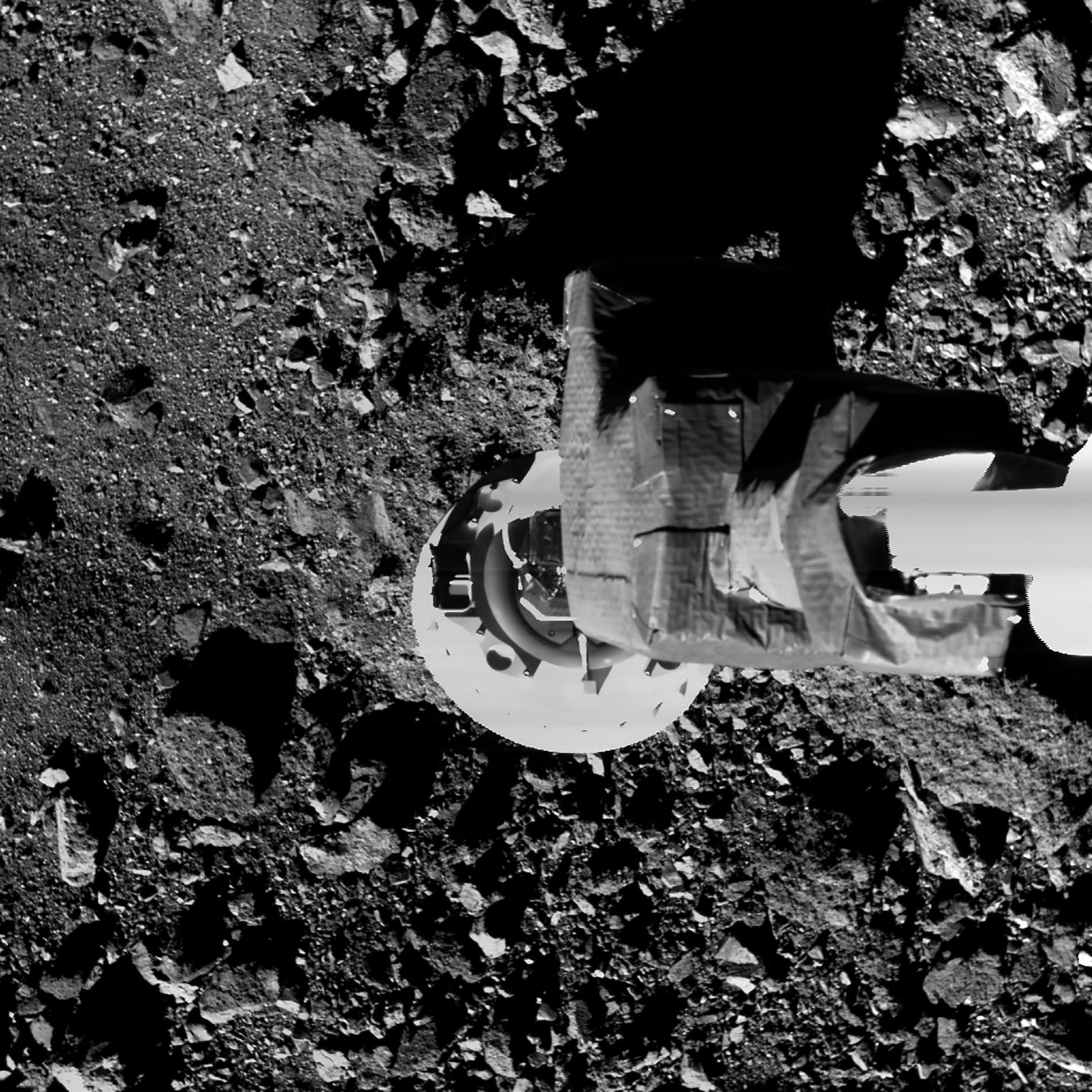 在一次測試中，歐西里斯號探測器的採樣臂降落在靠近貝努表面之處。「一觸即走」的採樣目標是鑽探並收集至少數10克至2公斤的樣本。PHOTOGRAPH BY NASA/GODDARD/UNIVERSITY OF ARIZONA 