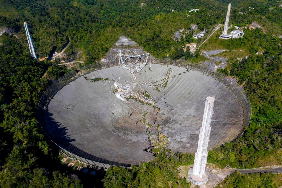 從這張空拍圖可以看到阿雷西博天文臺的受損情形。900噸重的設備平臺鬆脫搖晃，碰撞到鄰近的岩石表面後，往下掉落砸毀無線電波天線。PHOTOGRAPH BY RICARDO ARDUENGO, GETTY IMAGES