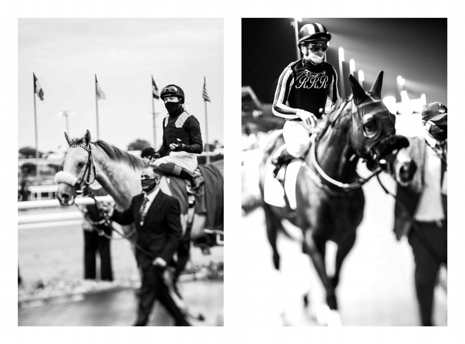 <b>2021 年沙烏地杯 - </b>戴著口罩的騎師似乎能在不被他人聽見的情況下跟馬兒講悄悄話。義大利騎師法蘭奇．戴圖理騎的馬叫「暗黑力量」（Dark Power），主人是巴林王室成員伊薩．本．薩勒曼．阿勒哈利法（左圖）。法國騎師米凱爾．巴澤羅納騎的馬名叫「瑞士」（Switzerland），主人是阿聯酋的謝赫．拉希德．本．胡邁德．阿爾努艾米（HH Sheikh Rashid bin Humaid Al Nuaimi）。