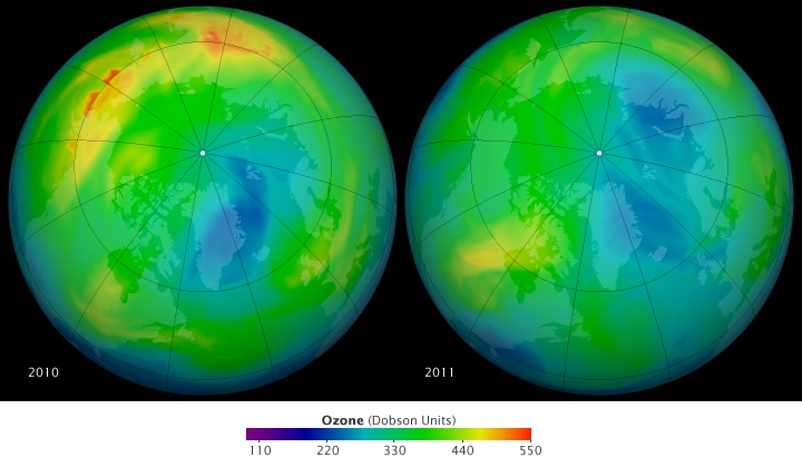 十年前北極臭氧濃度圖。照片來源：美國宇航局地球觀測站（CC BY 2.0）