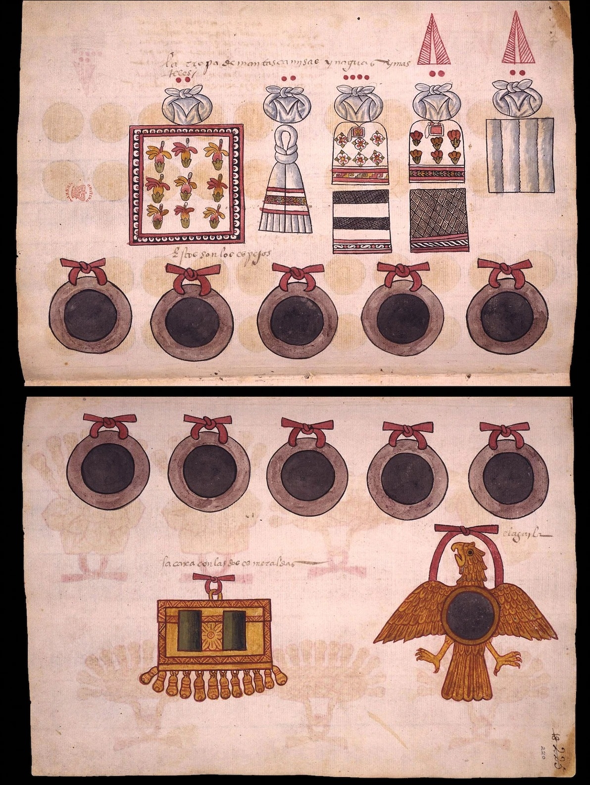 阿茲提克手抄本中能看見黑曜石鏡，例如圖中這本16世紀的特佩特勞茲圖克手抄本（Codex Tepetlaoztoc）。古代中美洲居民相信這類鏡子能用作通往神靈世界的入口。COURTESY THE TRUSTEES OF THE BRITISH MUSEUM 