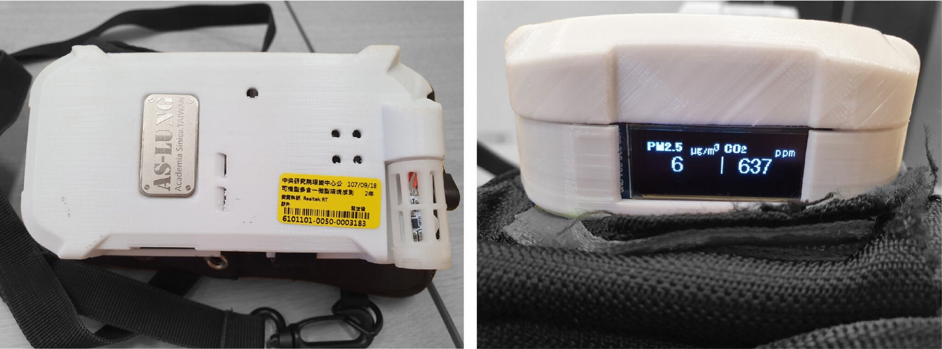圖片為 AS-LUNG-P（隨身機），機器平面大小約一個口罩，可輕易配戴在身上，最底部顯示 PM2.5 和二氧化碳的精準量測數據。 圖│研之有物 