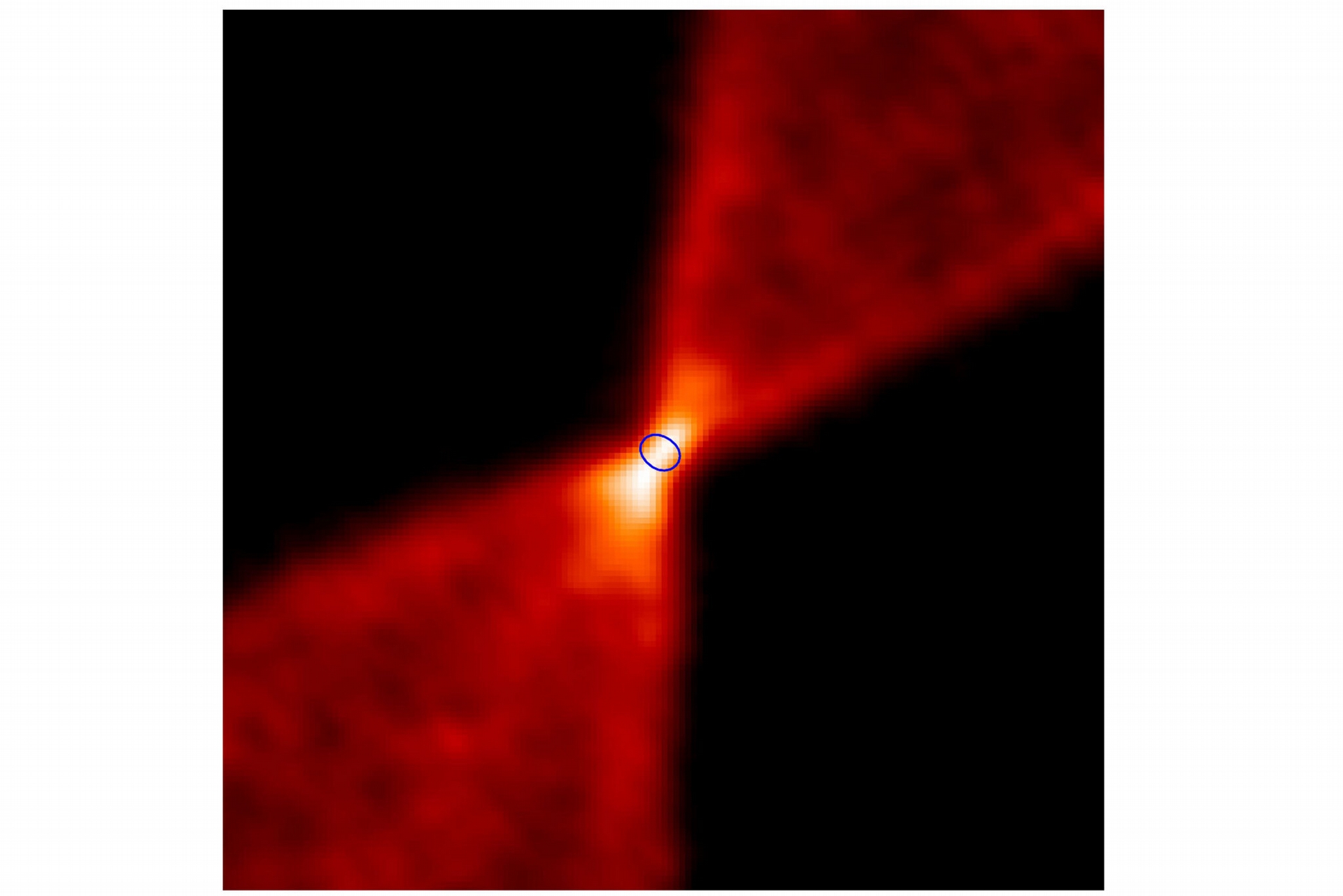 此圖由 ALMA 望遠鏡拍攝，呈現獵戶座大星雲中一個恆星形成區的一氧化碳分布，可見到明顯的分子外流（outflow）構造。富含複雜有機分子的「熱微核」位於藍色圓圈區域。 圖│呂聖元 