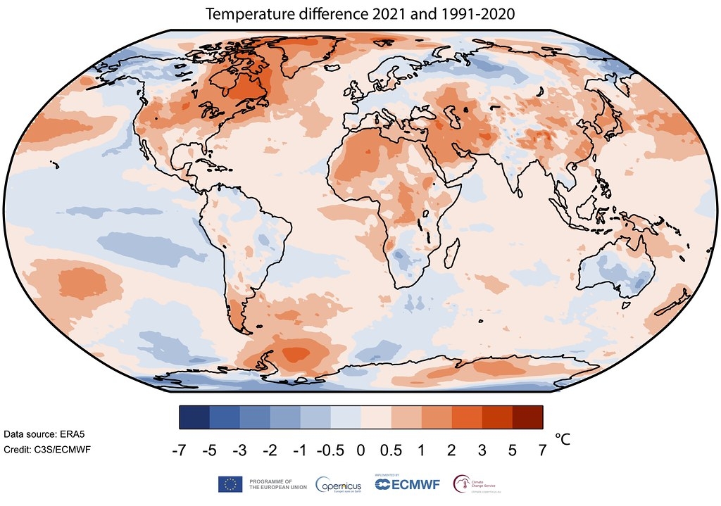 相較於1991～2020年的平均溫度，2021年升溫的數值。圖片來源：Copernicus Climate Change Service／ECMWF