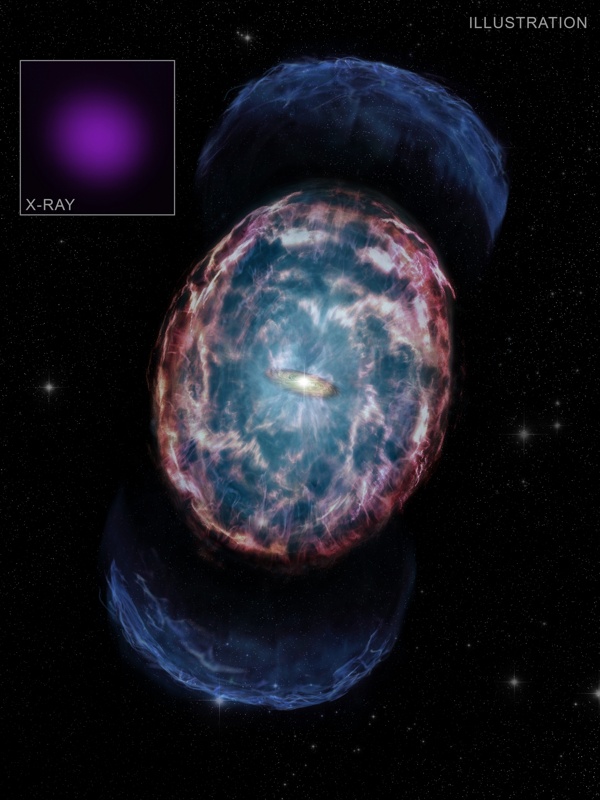 藝術家說明兩顆中子星併合時發生的強大事件。圖片來源：NASA