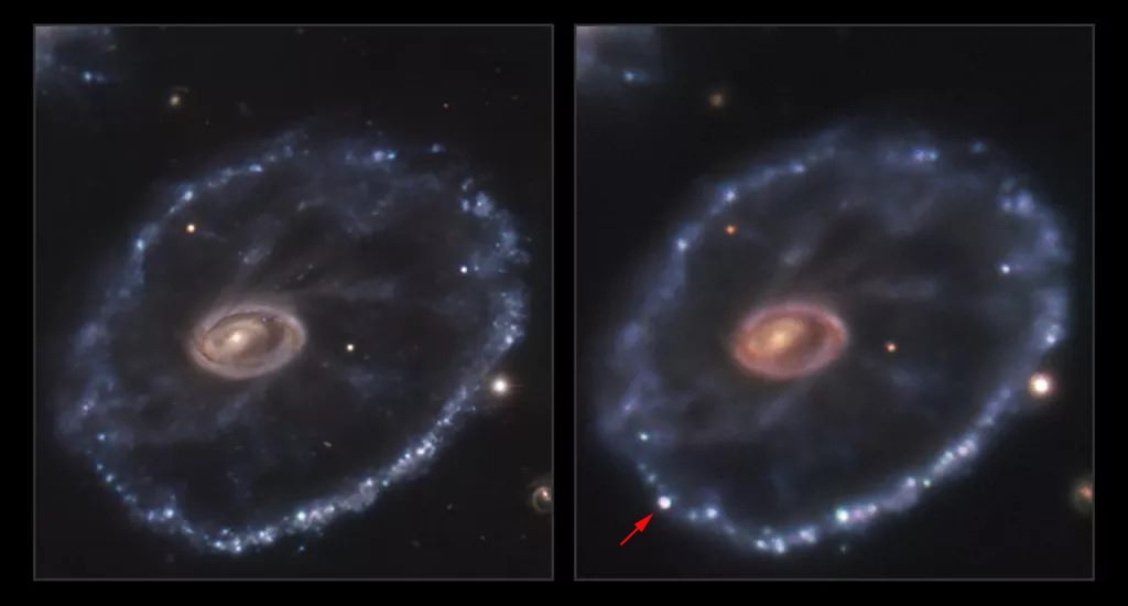 左圖：2014年8月拍攝。右圖：2021年12月拍攝，左下角有一亮點，表明在這兩張照片拍攝之間發生了超新星。 圖片來源：ESO/Inserra et al., Amram et al.