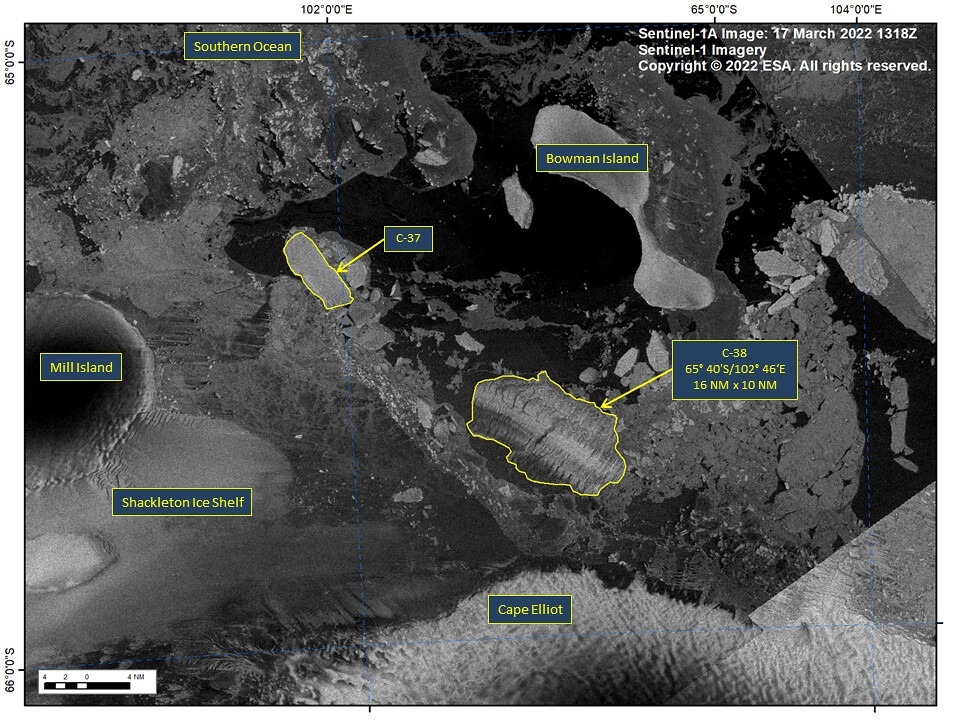 根據3月17日在南極洲東部拍攝的衛星影像，康格冰架崩塌後剩下了最大的碎片C-38。圖片來源：U.S. National Ice Center