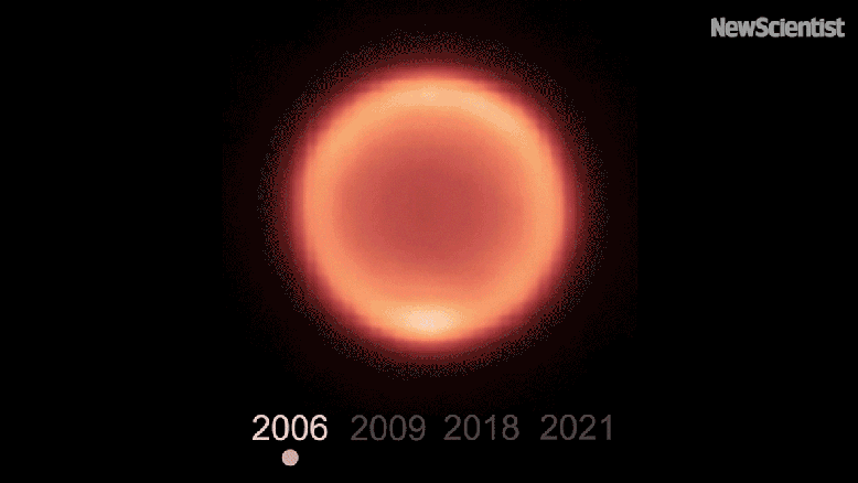 2006至2020年間海王星紅外圖像。2020年是速霸陸望遠鏡的 COMICS 儀器拍攝，其他是超大望遠鏡上的 VISIR 儀器拍攝。
