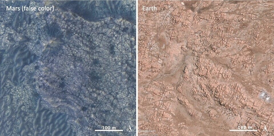左圖為假色照片顯示火星Nili Fossae地區富含橄欖石的岩層與右圖地球上熔接凝灰岩（真彩色）的對比。右圖裂痕是冷縮節理，與左圖中的非常相似。圖片來源：HiRISE/Google Earth