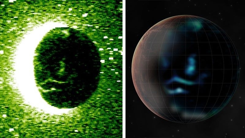 左圖Hope太空船的光譜儀拍攝火星的離散極光，右圖為想像圖。