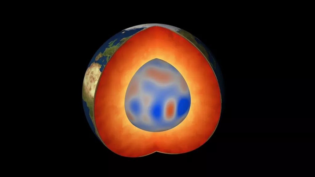 圖中顯示了穿過地球外核最外層的神祕波（紅色）。