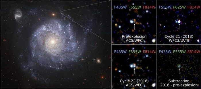 左圖為哈伯影像中的NGC1309，中上圖顯示爆發前的圖像，右上圖為剛爆炸不久後所取得的影像，中下圖則為爆炸一段時間後2016年的影像，右下角的圖像為2016年的照片資料與爆炸前的影像相減所得，可以明顯看出亮度大幅增加。
