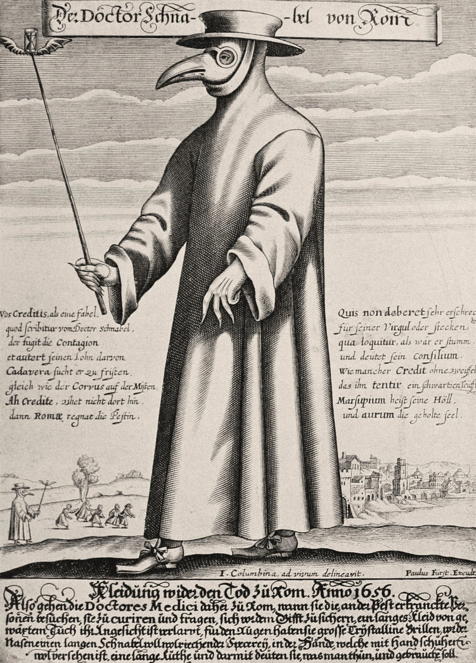 17世紀歐洲大瘟疫期間，醫生會戴上有喙的面具、皮手套，穿著長大衣，希望能擊退疾病。他們那種經典又不吉利的造型，如這幅1656年的版畫所勾勒的羅馬醫師，到今天大家都還認得。PHOTOGRAPH BY ARTEFACT, ALAMY