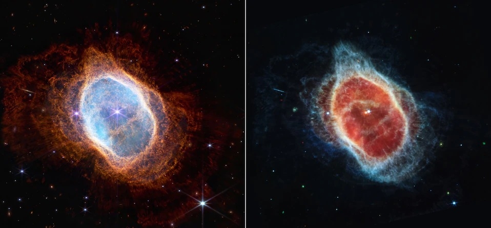 這兩張並排顯示的影像是美國航太總署詹姆斯．韋伯太空望遠鏡在近紅外光（左）和中紅外光（右）波段對南環狀星雲（Southern Ring Nebula）的觀測結果。IMAGE BY NASA, ESA, CSA, AND STSCI