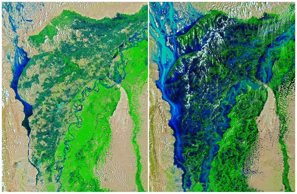 NASA衛星拍下巴基斯坦2022年大洪災前後的國土變化，左圖為2022/8/4，右圖為2022/8/28。圖片來源：NASA