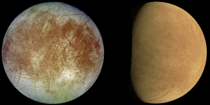 左圖是伽利略號探測器拍攝的木衛二近似自然色的圖像，右圖是朱諾號拍攝的原始圖像。這兩張照片都顯示了橫跨木衛二表面的長條形裂縫和山脊。