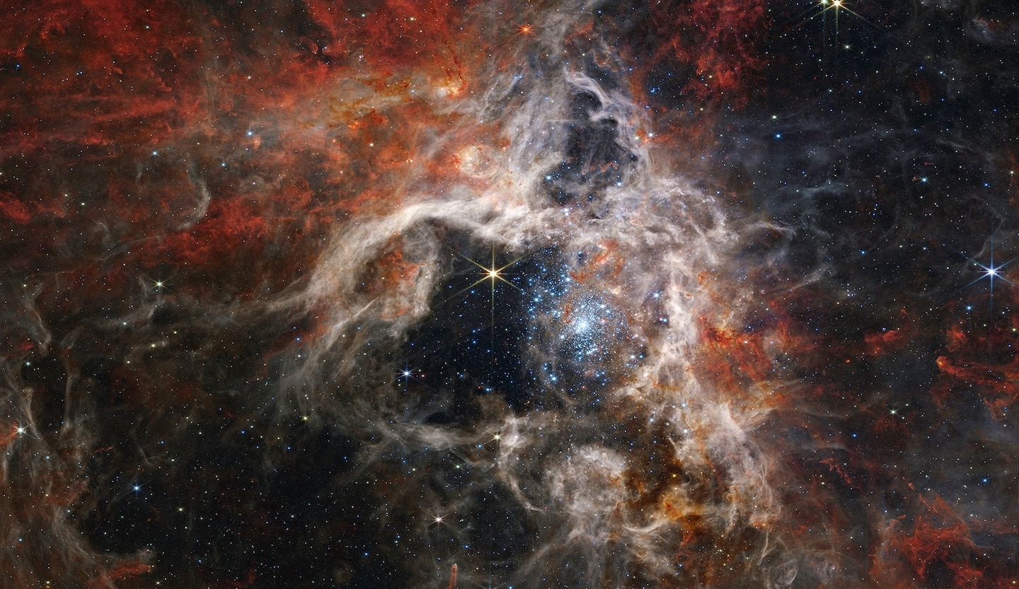 在蜘蛛星雲（Tarantula Nebula）的宇宙塵埃中，隱藏著數萬顆先前未曾得見的年輕恆星。NASA的詹姆斯．韋伯太空望遠鏡以空前的紅外波長分辨率，穿透塵埃雲氣，一窺匿蹤其內的恆星。巨大的淡藍色恆星在最活躍的區域閃爍，另外還有尚未從星雲塵埃破繭而出的紅色新生恆星散布其中。MOSAIC BY NASA, ESA, CSA, STSCI, WEBB ERO PRODUCTION TEAM