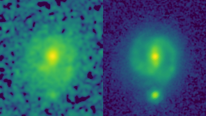 EGS23205星系。左：哈伯近紅外濾鏡影像；右：韋伯中紅外影像。圖片來源：NASA/CEERS/University of Texas at Austin
