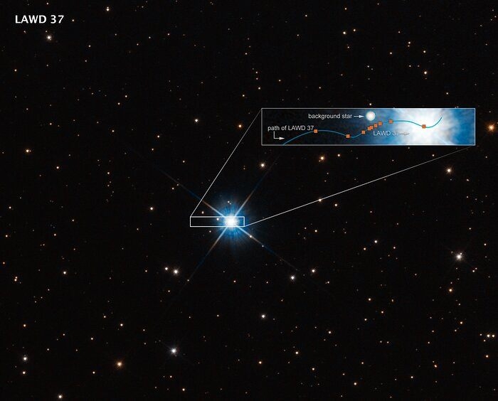 白矮星在2019年從背景恆星前經過。藍色波浪：從地球上看白矮星在天空中的視運動。雖然白矮星沿直線軌跡運動，但由於視差，地球繞太陽運行時會產生明顯的正弦偏移。圖片來源：NASA, ESA, P. McGill (Univ. of California, Santa Cruz and Univ. of Cambridge), K. Sahu (STScI), J. Depasquale (STScI)