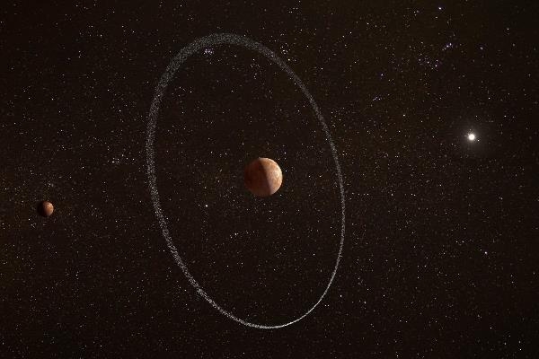 矮行星Quaoar及其環的示意圖，Quaoar的衛星Weywot在其左側。圖片來源：ESA / CC BY-SA 3.0 IGO