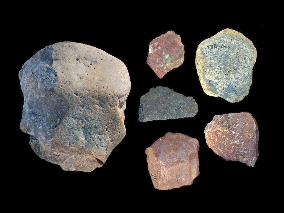 左側的較大石塊是奧都萬石器的原料。人族從這塊核心石材上敲下銳利的石片以用作工具。PHOTOGRAPH BY T.W. PLUMMER, J.S. OLIVER, AND E. M. FINESTONE, HOMA PENINSULA PALEOANTHROPOLOGY PROJECT 