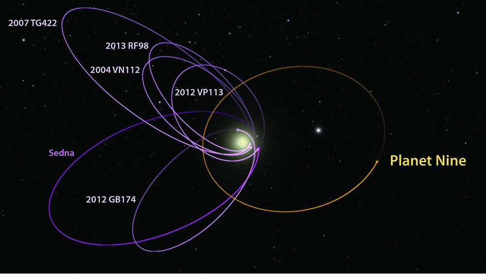 幾個KBO軌道提供第9行星可能存在的跡象。圖片來源：Caltech/R. Hurt (IPAC)