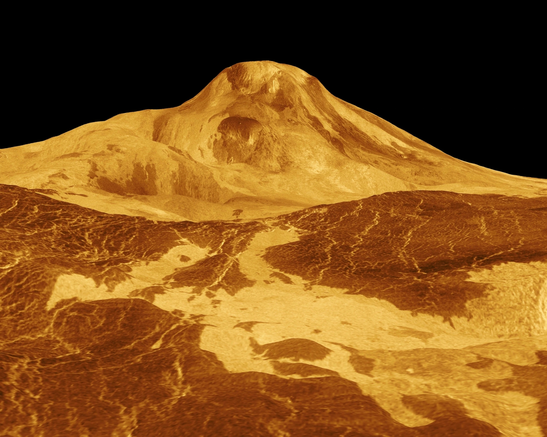 由NASA麥哲倫號太空船觀測數據所創建的模擬圖，圖中顯示出金星表面上的火山：馬特山（Maat Mons）。PHOTOGRAPH BY NASA/JPL