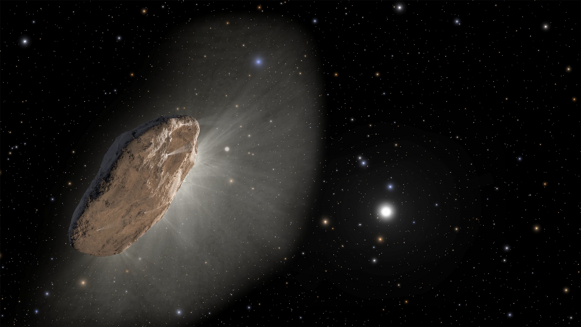 藝術家對斥候星的描繪，它在接近太陽時變暖並釋放出氫氣，這將略微改變其軌道。此彗星是除了塵埃顆粒之外，第一個從另一顆恆星造訪我們太陽系的已知天體。圖片來源： NASA, ESA and Joseph Olmsted and Frank Summers of STScI