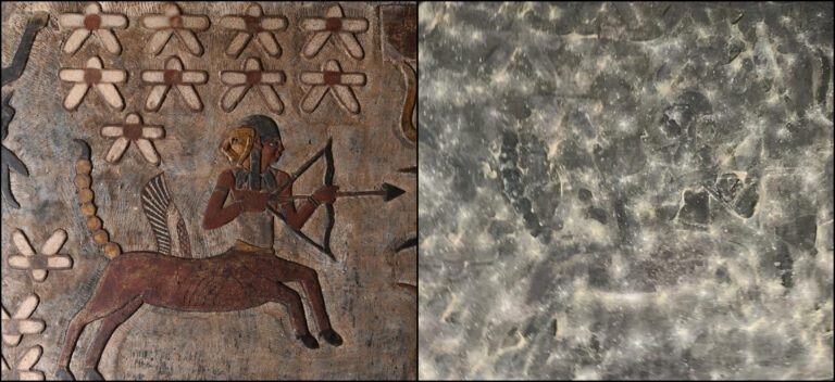 埃斯納神廟中的人馬座浮雕，清理後（左）和清理前（右）。圖片來源：Ahmed Emam/Ministry of Tourism and Antiquities
