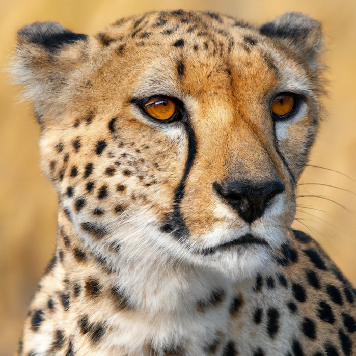 這張AI生成的照片是由DALL·E 2生成，用的提示詞是「國家地理風格的非洲獵豹肖像照」。AI通常很難生成逼真的眼睛，對光線的物理特性也不太行，包括反光。PHOTOGRAPHS BY FRANS LANTING, NAT GEO IMAGE COLLECTION 