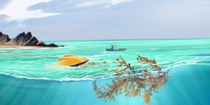Seaweed Generation機器人AlgaRay的示意圖（黃色魟魚外型）。AlgaRay吸入馬尾藻後會將馬尾藻帶到海中。圖片來源：Seaweed Generation臉書