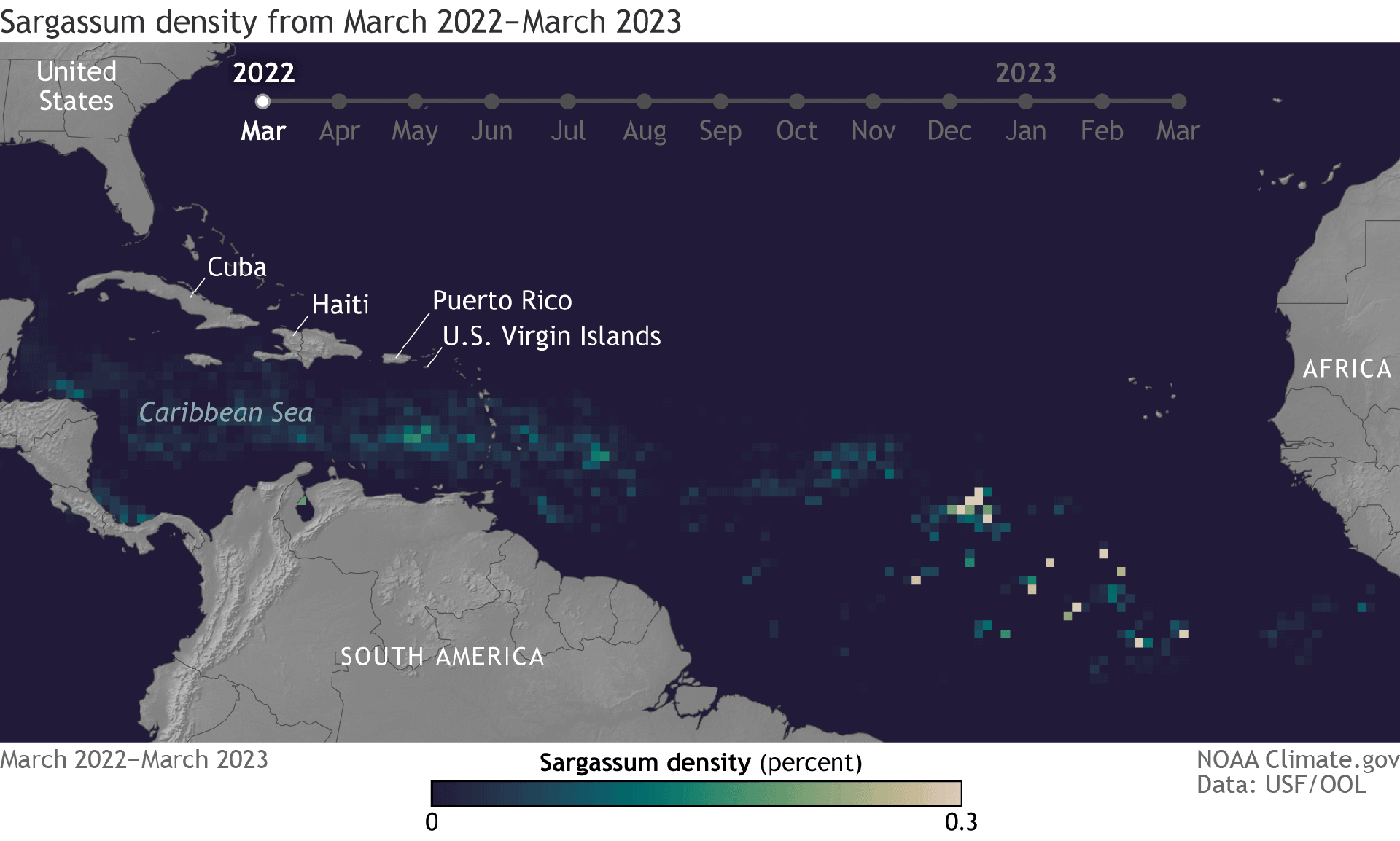 從空中可以看到大西洋馬尾藻帶從2022年3月到2023年3月的變化情況。資料來源：NOAA