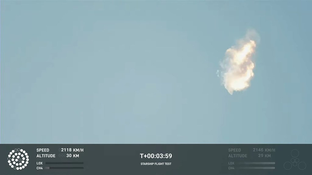 星艦（Starship）升空4分鐘後爆炸，受影響範圍超過預期。照片來源：擷取自SpaceX YouTube影片