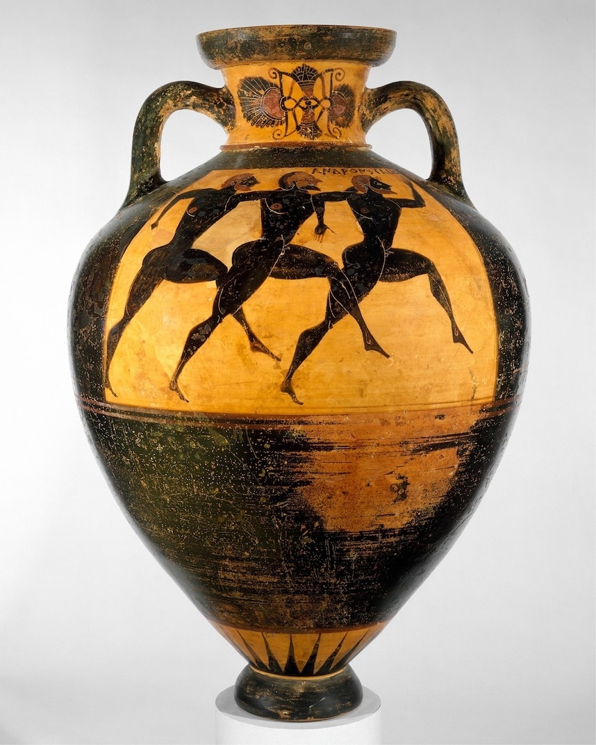 徒步賽跑──如同陶瓶畫師歐菲列特斯（The Euphiletos Painter）於這只瓶身上描繪的模樣──是古希臘奧林匹克中已知最早的競賽之一。不過這些賽跑的距離大約不像現代馬拉松那麼長。PHOTOGRAPH BY ROGERS FUND, 1914 VIA THE MET