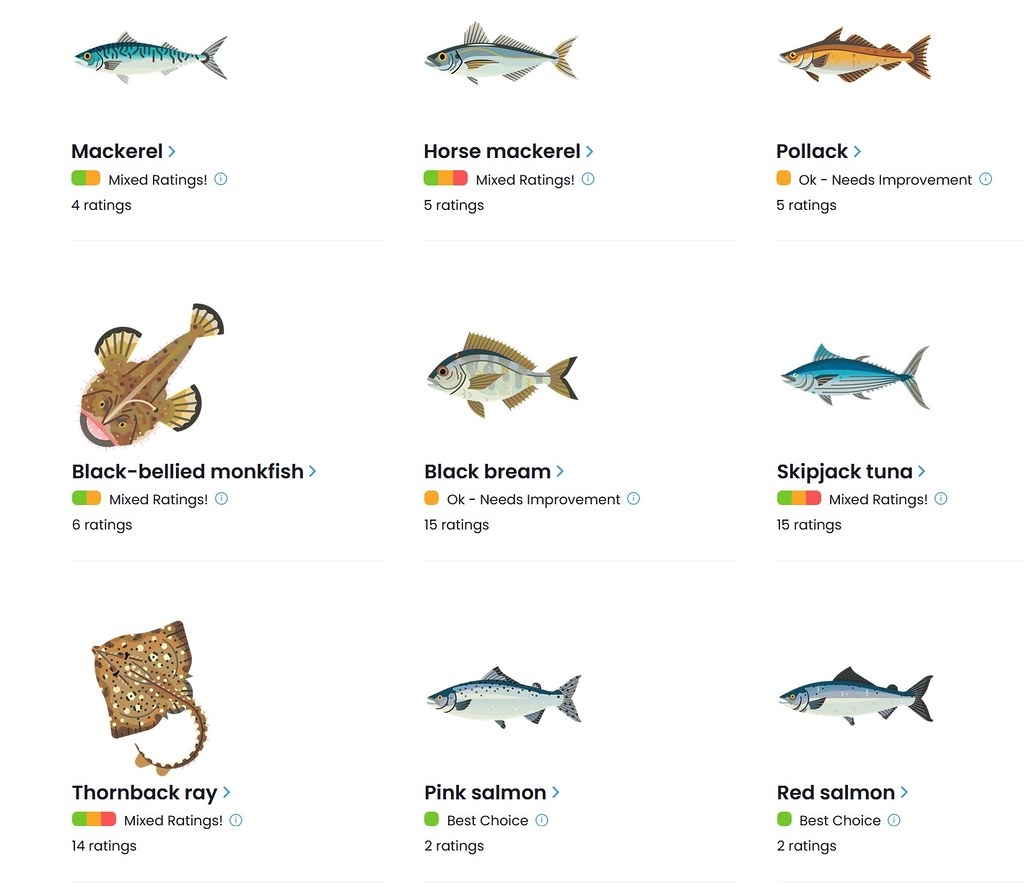 海洋生態保育協會上利用不同的顏色代表海鮮食用建議評級。第一排最左的鯖魚同時有綠色與橘色，代表不同的漁法或地點捕獲的魚，其評級也會不同。圖片來源：截圖自海洋生態保育協會（MCS）官網