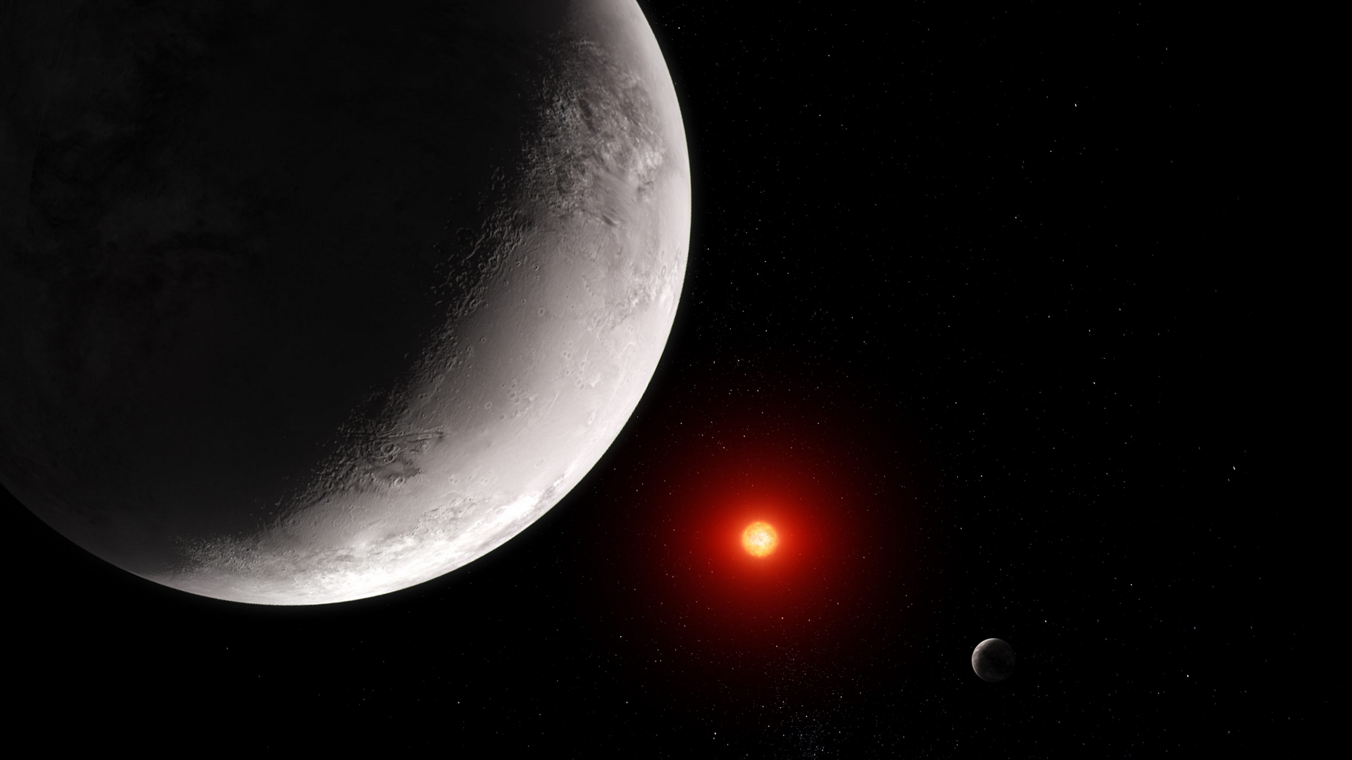 藝術家對TRAPPIST-1c的想像圖，TRAPPIST-1c是TRAPPIST-1系統中7顆已知行星中的第2顆，距離其母恆星約0.016天文單位，僅需2.42個地球日即可繞完一圈。圖片來源：NASA, ESA, CSA, Joseph Olmsted (STScI)